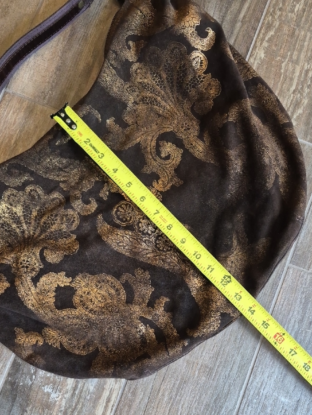 Lucky Brand Brown Suede & Gold Foilage Pleated Detail Bohemian Hobo Shoulder Bag - Picture 16 of 16